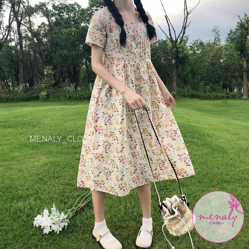 Váy babydoll hoa nhí xuông nữ dáng rộng VH022, mẫu váy kiểu dáng hàn quốc cổ vuông tay bồng, bầu bí bon chen thoải mái | BigBuy360 - bigbuy360.vn