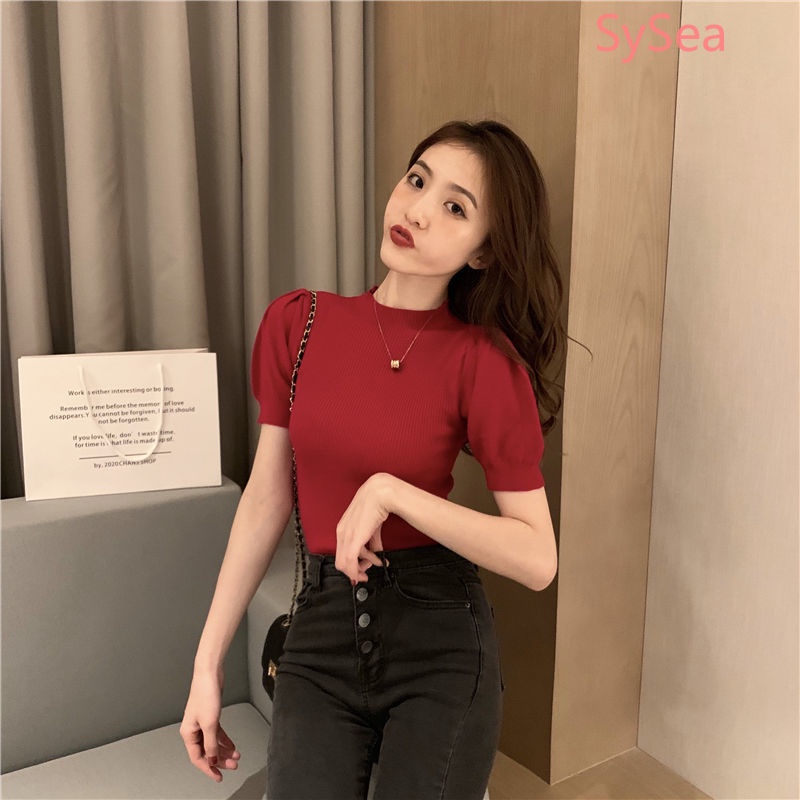 Áo kiểu dệt kim tay ngắn ôm dáng vừa vặn thời trang mùa thu dành cho nữ