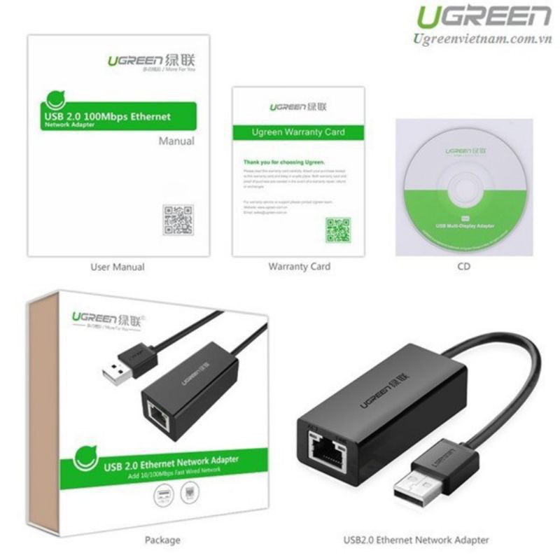 Dây chuyển USB 2.0 sang Lan RJ45 10/100mbps, chip AXIS88772 UGREEN CR110 20253/20254 - Hàng Chính Hãng