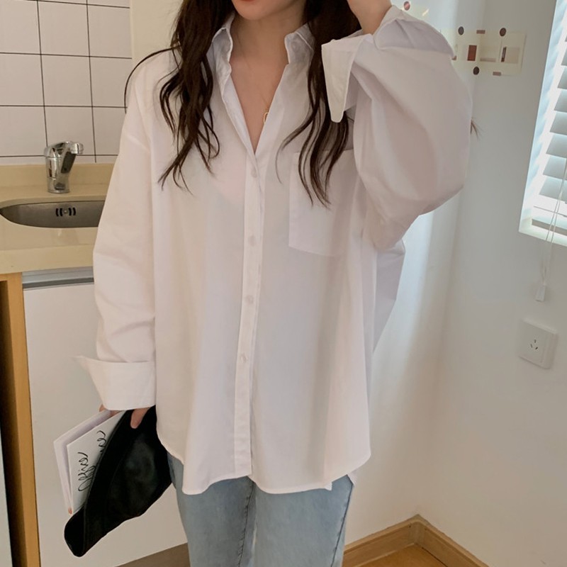 [Có sẵn] ÁO SƠ MI TRẮNG LỤA HÀN ULZZANG BASIC DÁNG RỘNG TAY BỒNG TRƠN