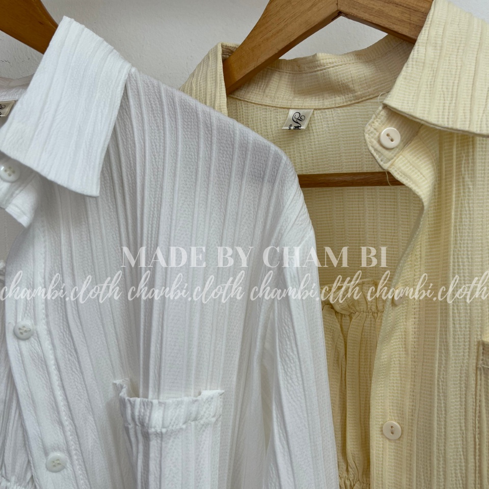 Áo kiểu nữ cách điệu A.332, Set áo sơ mi gân mỏng khoác ngoài cùng áo hai dây bo chun nhún tầng cực xinh - Shop Chấm Bi