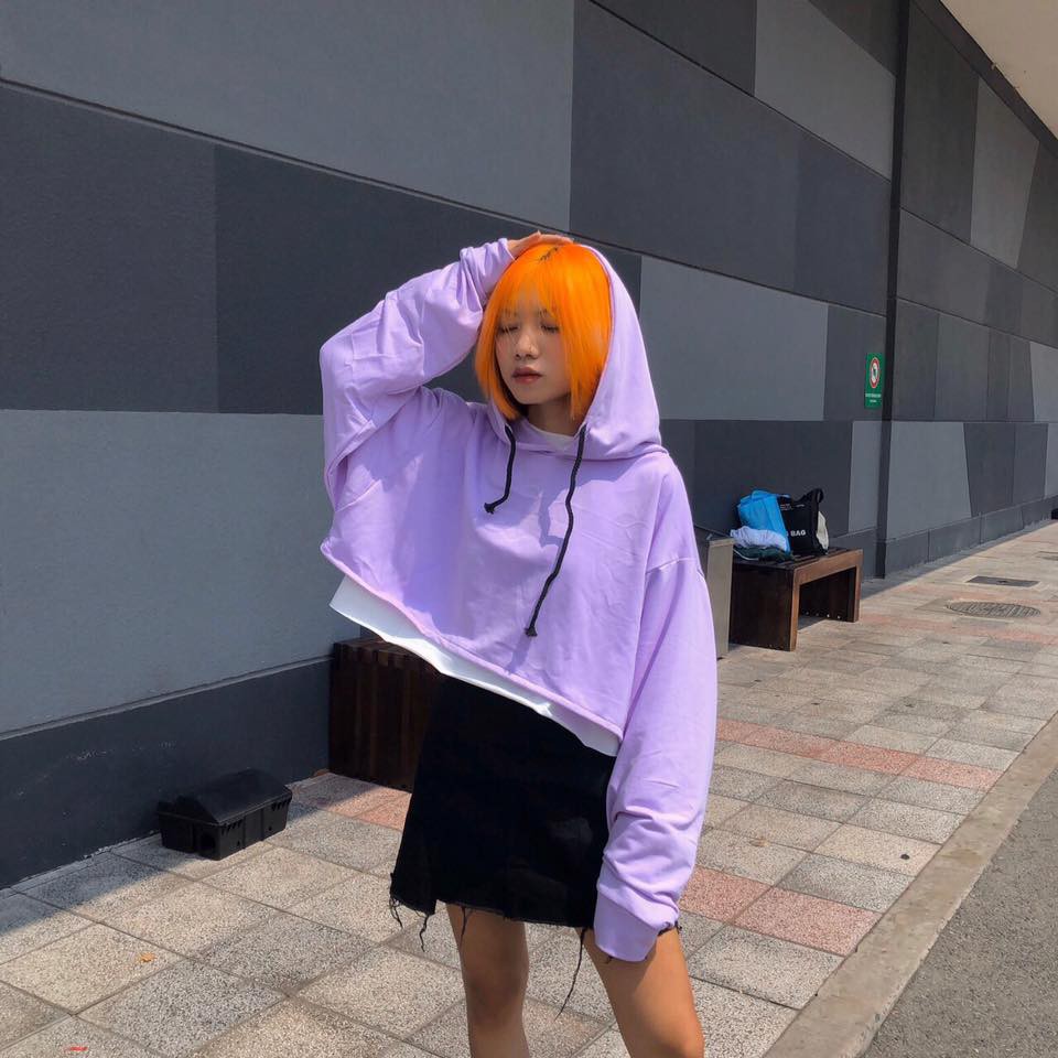ÁO HOODIE CROPTOP DÁNG RỘNG TAY DÀI CÓ NÓN MÀU TÍM UNISEX - MM | BigBuy360 - bigbuy360.vn