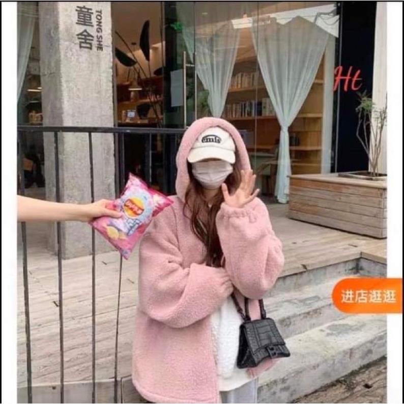 Áo khoác lông gấu hồng mũ MWM Ht