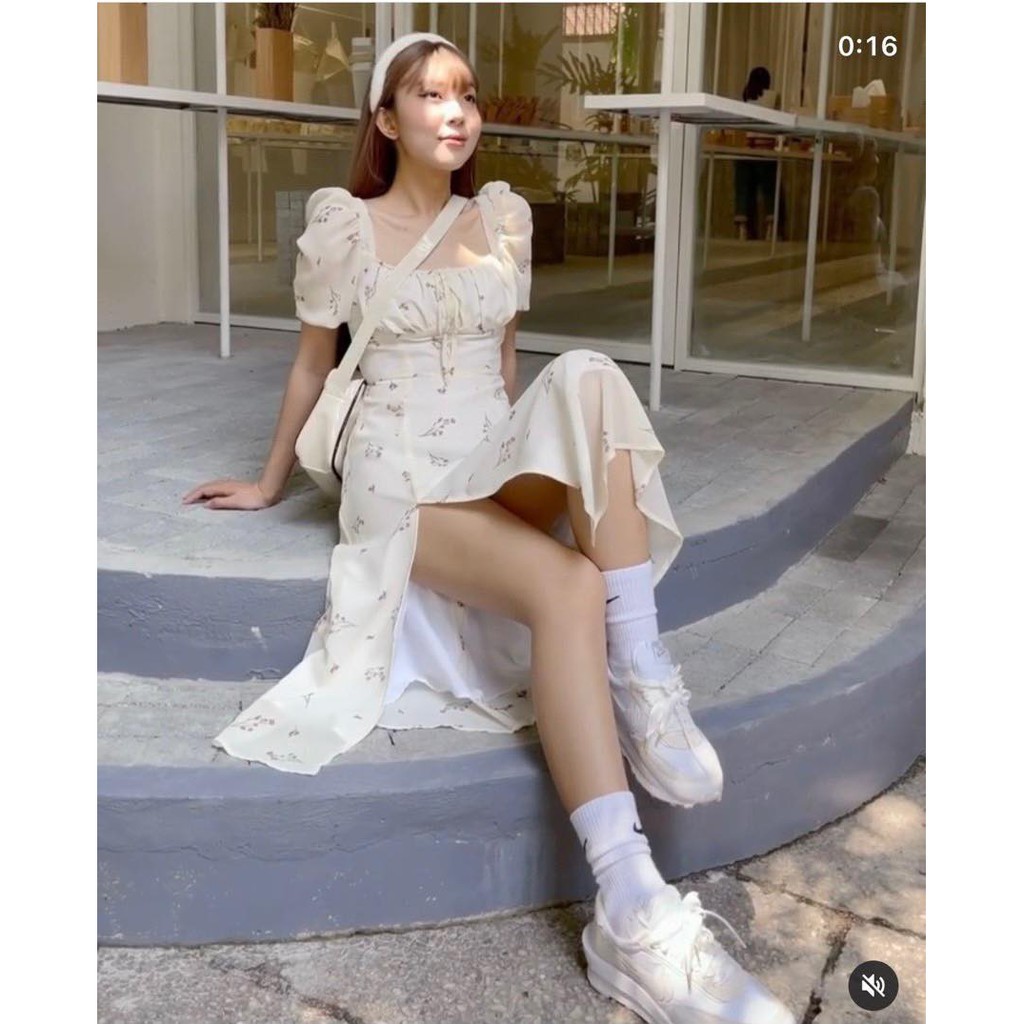 Đầm maxi hoa nhíu ngực thắt nơ xẻ đùi | BigBuy360 - bigbuy360.vn