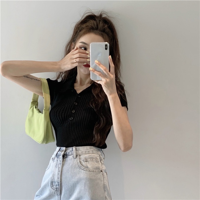 Áo thun nữ IHKKE dáng ôm tay ngắn cổ polo thời trang