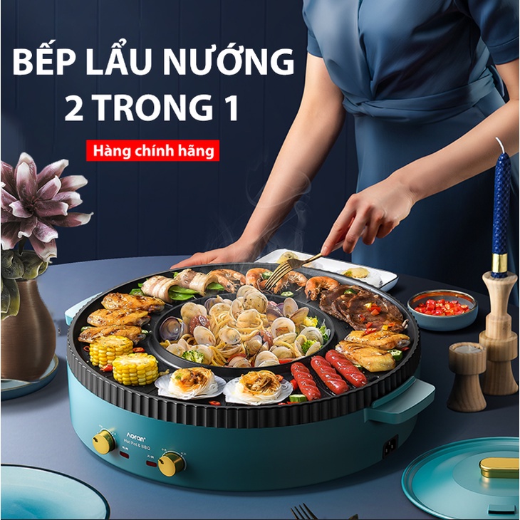 Nồi lẩu nướng Ninesh - Bếp lấu nướng đa năng 2 trong 1 chống dính, loại to, không khói - Bảo hành 1 đổi 1 trong 12th
