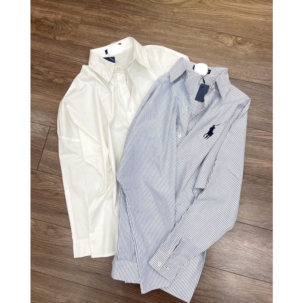 Áo sơ mi tay dài dáng rộng kẻ sọc dọc màu xanh dương nhạt thêu Hình  Ngựa phong cách Hàn Quốc 2022