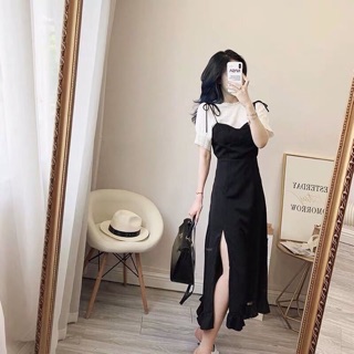 Set áo xốp đầm yếm xẻ nơ vai