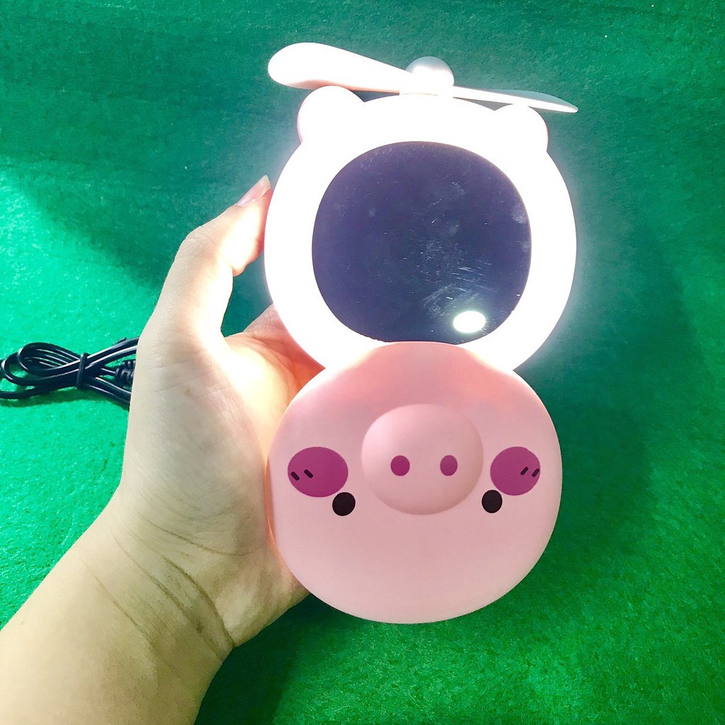 Gương Trang Điểm Mini Gấp Gọn Kiêm Quạt,Đèn Sạc Tích Điện Qua Cổng USB Siêu Dễ Thương -DC3747