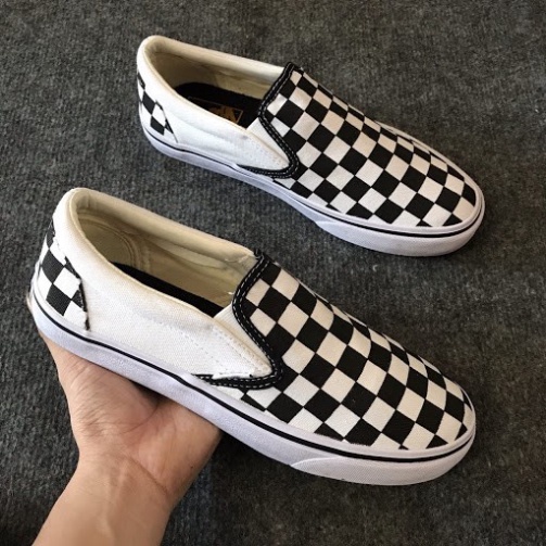 [FREE SHIP] Giày Lười Slipon Nam Nữ - Giày Vans Caro Vải Đen Trắng Lót Da