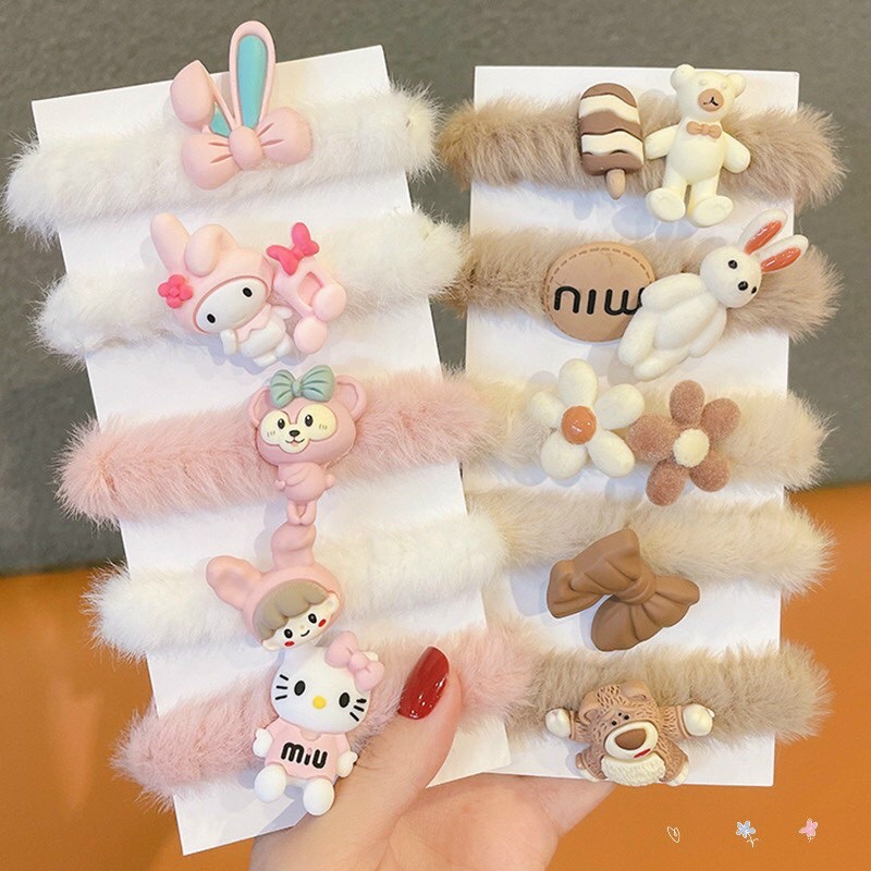 Vĩ 5 Dây Cột Tóc Nhung Lông Họa Tiết Hoạt Hình Phong Cách Hàn Quốc Xinh Xắn