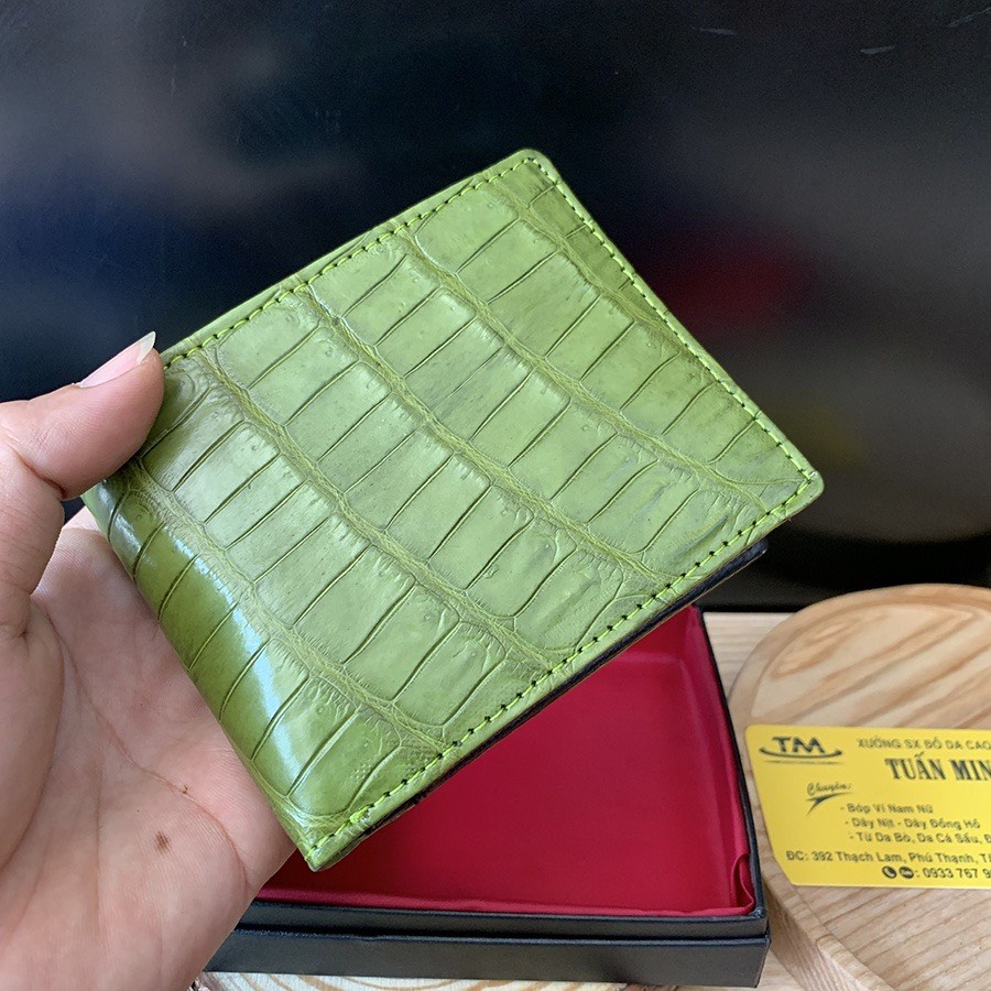 Bóp ví nam da cá sấu thật100% màu xanh ST81