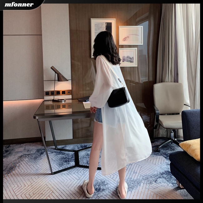Áo Khoác Cardigan Chiffon Tay Phồng Dài Qua Gối Màu Sắc Trơn Thoáng Khí Thời Trang Đi Biển Cho Nữ