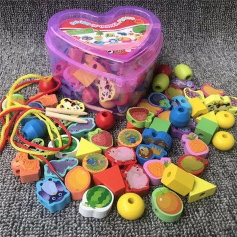 Đồ Chơi Gỗ Xâu Hạt Gỗ Hộp Hình Trái Tim 50 Hạt Nhiều Chủ Đề Đồ Chơi Rèn Kỹ Năng Khéo Léo Dành Cho Bé