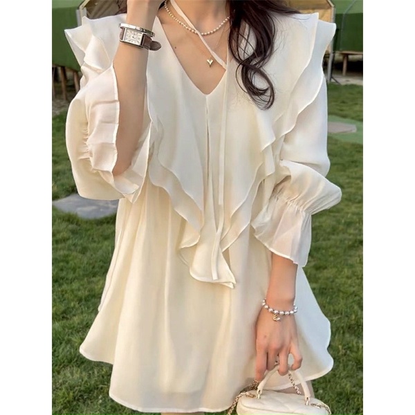 Đầm tơ hai lớp dáng babydoll, Váy tơ tay dài bánh bèo tiểu thư