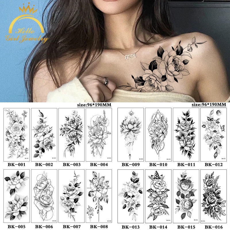 Hình Xăm Dán Tạm Thời Chống Thấm Nước Hình Hoa Hồng Trắng Đen