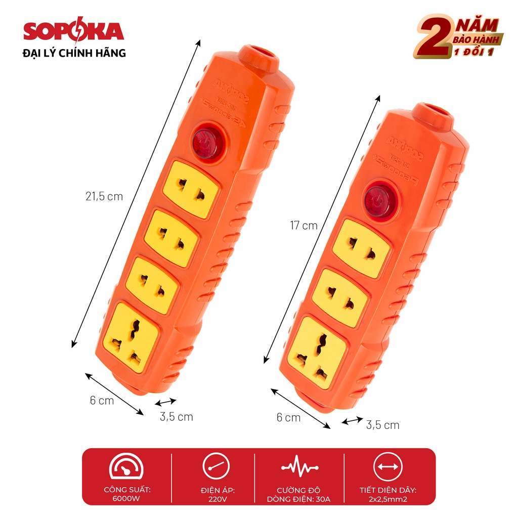 Ổ Cắm điện Sopoka BOP6000W2+ siêu chịu tải 6000W dây 3 mét nối sẵn , chống va đập, lõi sứ chịu nhiệt, có công tắc