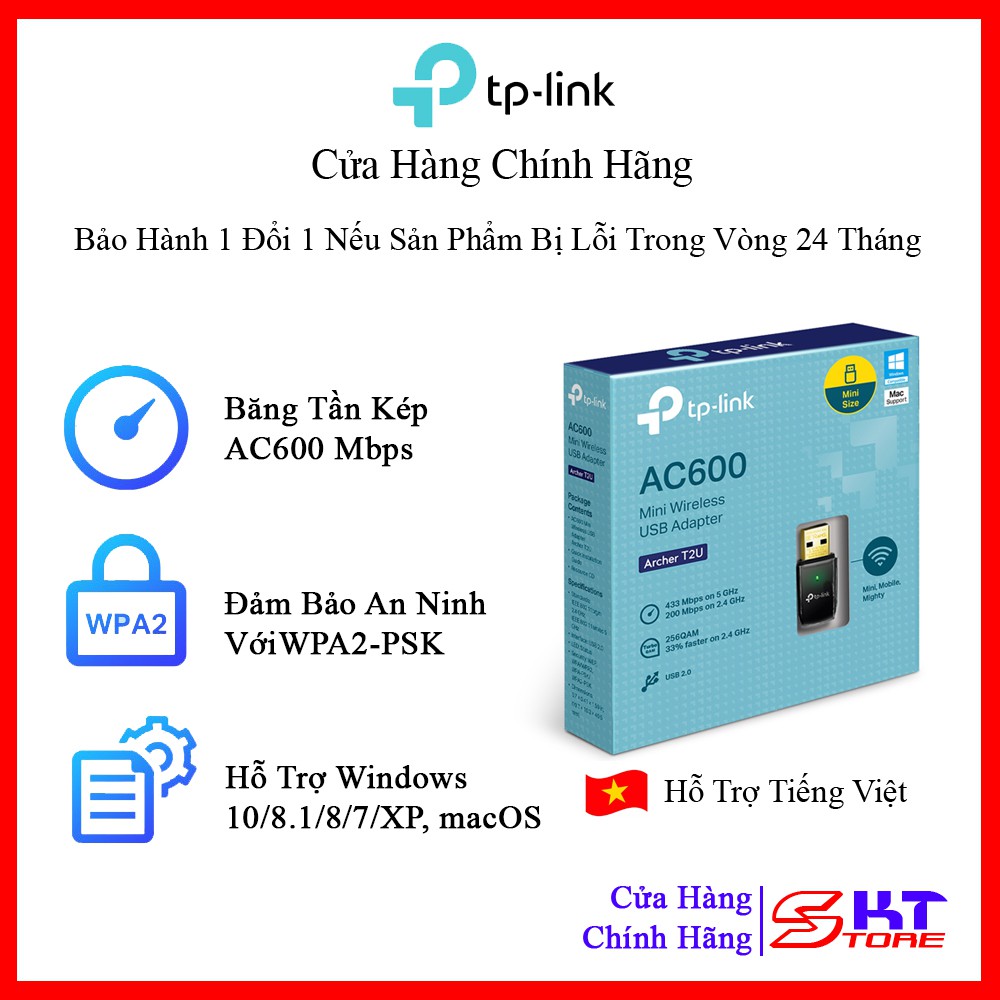 USB Thu Sóng Wifi Tp-Link Archer T2U Băng Tần Kép Chuẩn AC Tốc Độ 600Mbps - Hàng Chính Hãng