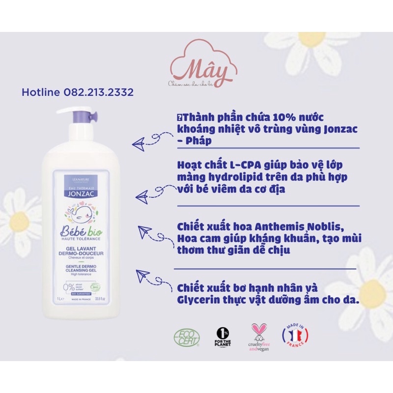 [Nhập khẩu chính hãng]Sữa tắm gội 2in1 hữu cơ siêu thơm cho bé từ sơ sinh Eau Thermale Jonzac Gel Lavant 500ml