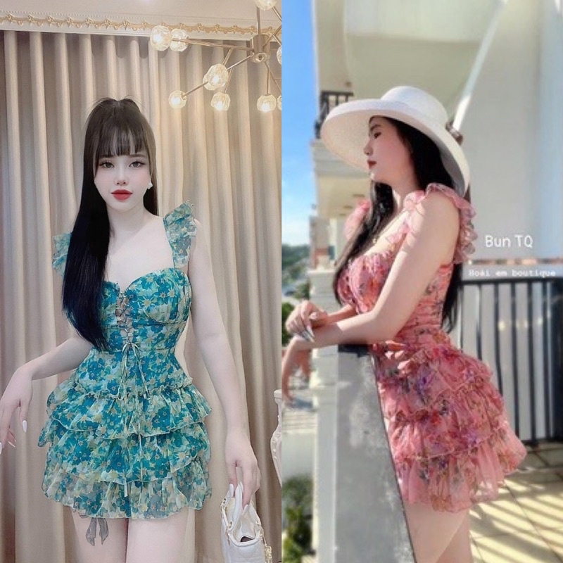 Đầm 2 Dây Cánh Tiên Babydoll Kẻ Caro Hồng 2 Tầng Bèo Vai Đính Hoa Nổi Freesize