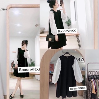 Đầm xuông phối tay ren lỗ vnxk. kèm video ảnh thật