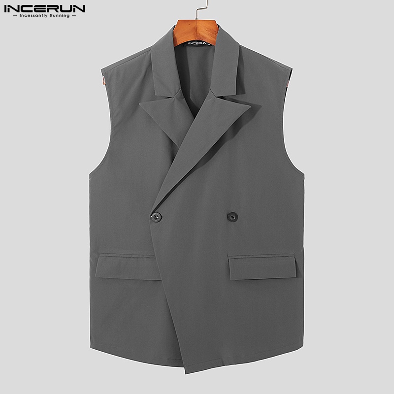 Áo khoác ghi lê INCERUN dáng rộng màu trơn cài hai hàng khuy thời trang trẻ trung dành cho nam