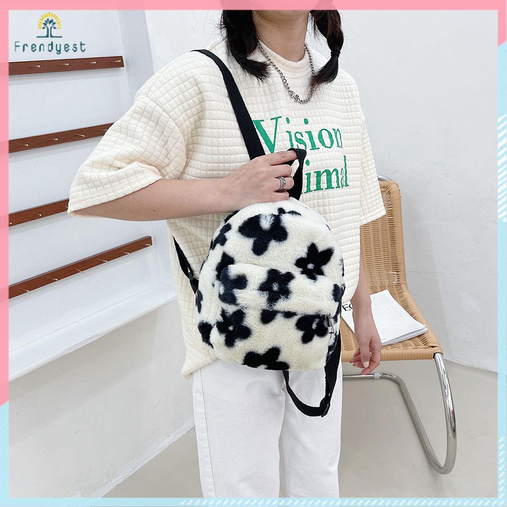 Preppy Style Women Flowers Printing Plush Backpack Casual Small Knapsack