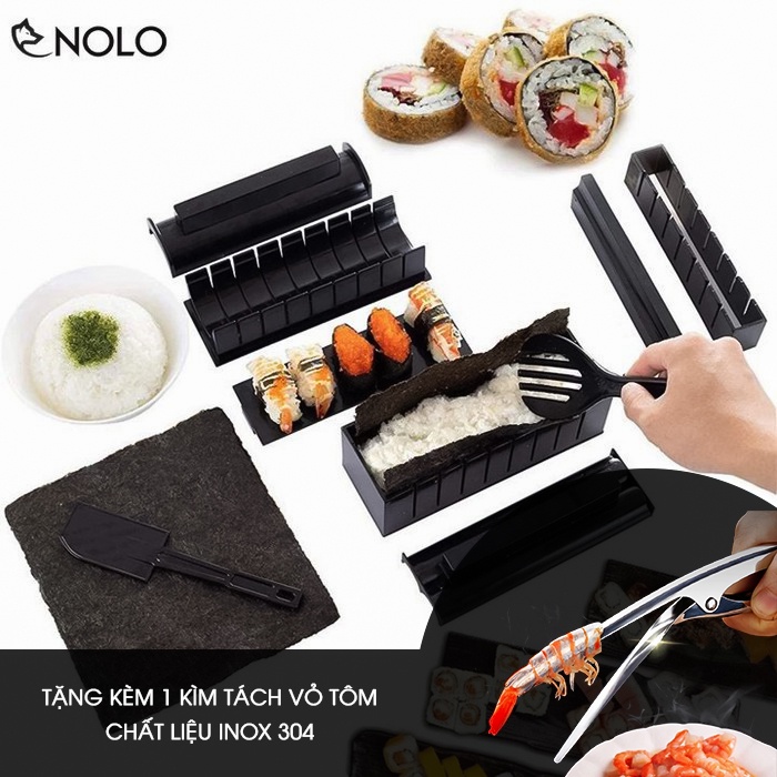 Dụng Cụ Khuôn Làm Sushi Cơm Cuộn Kimbap 10 Món Chất Liệu Nhựa PP Tặng Kèm Kìm Tách Vỏ Tôm Inox