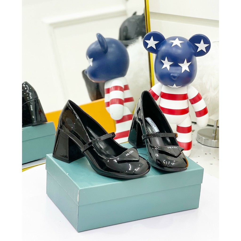 Giầy Mũi Tròn Gót Trụ Da Bóng Hai Màu đen trắng MM fullbox