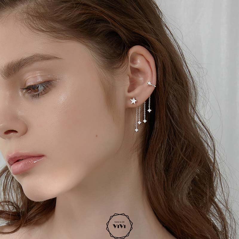 Bông tai bạc Ý tua rua bất đối xứng Tastar – khuyên tai ViVi_Gift