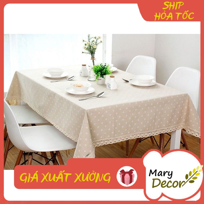 Khăn trải bàn tròn, chữ nhật, oval vải bố linen trang trí nhà cửa giá tốt - Hoa cúc trắng KB-I02