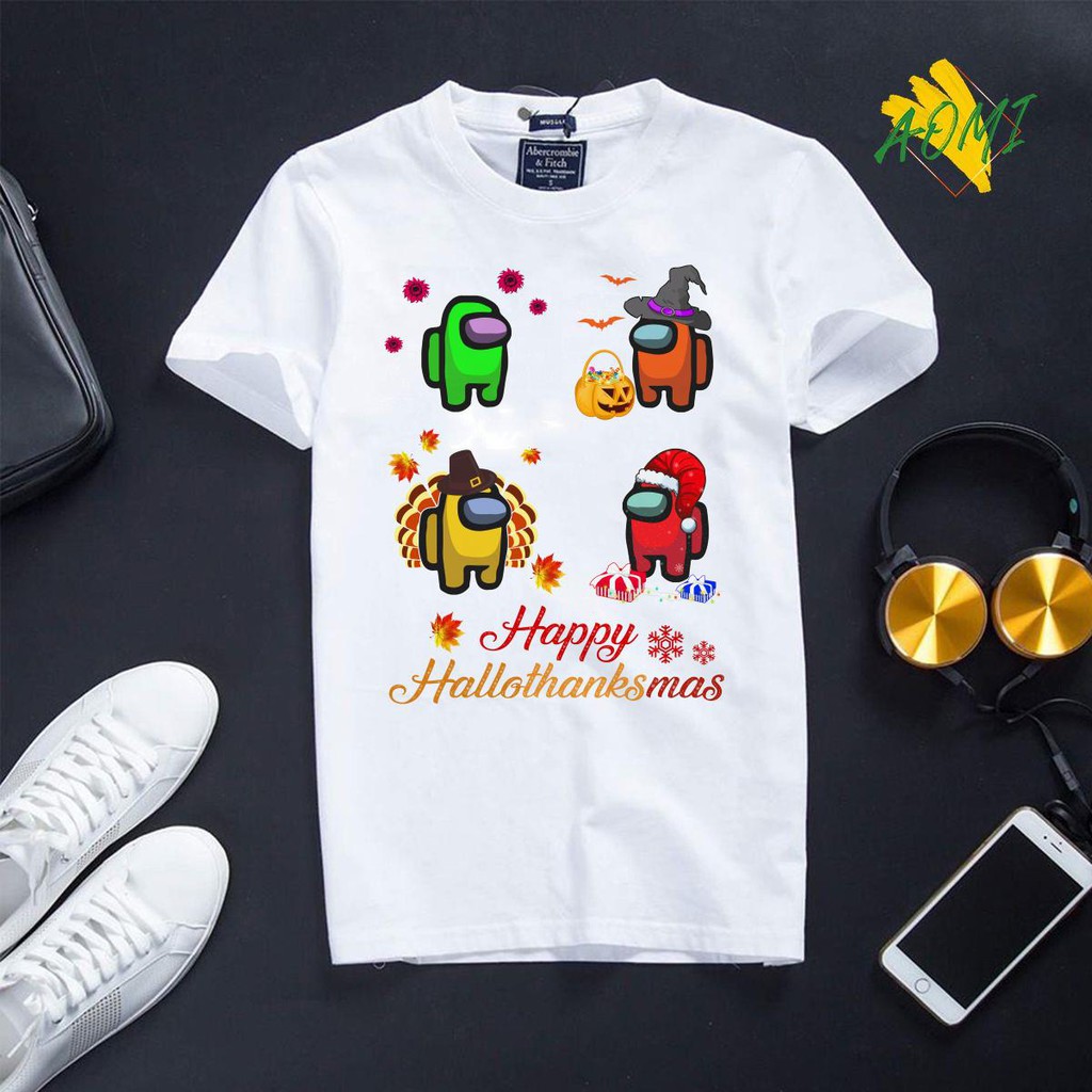 ÁO THUN AOMI UNISEX Happy Hallothanksmas AmongUs Game Shirt TAY LỠ TAY NGẮN NAM VÀ NỮ IN HÌNH SIÊU HOT AOMIVN