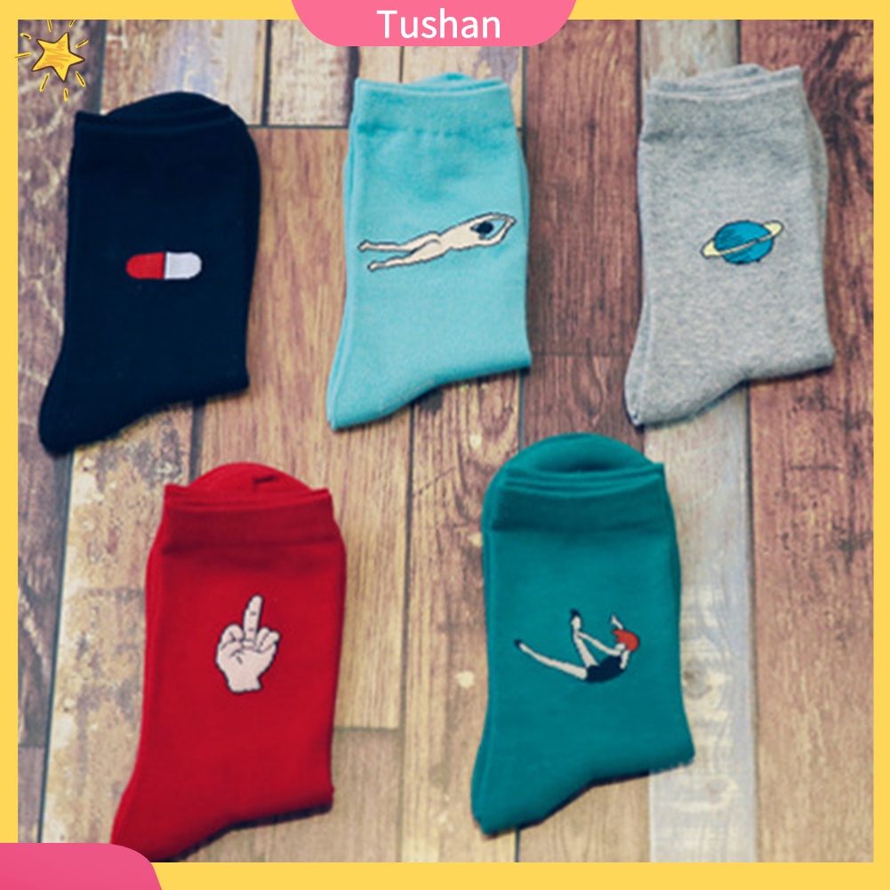 TUSH Autumn Winter Funny Cartoon Solid Color Elastic Cotton Middle Tube Crew Socks