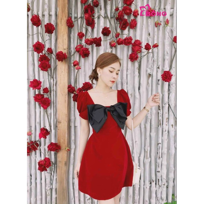 Đầm nơ đỏ tay côn xinh xắn Ảnh Thật