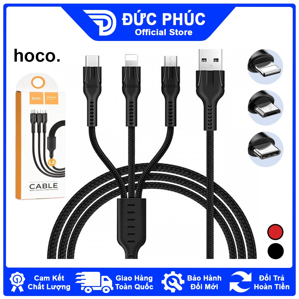 DÂY SẠC Hoco U31 3 In 1, sạc tất cả thiết bị, kết nối Lightning + Micro USB + Type C, dài 1m2 – Chính Hãng