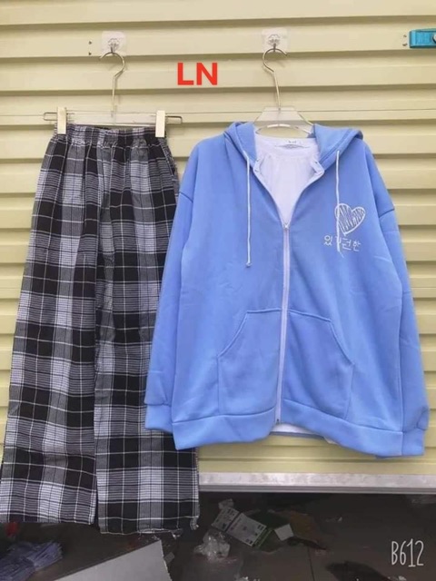 Sét áo khoác tim Hàn + quần kẻ đen LN12