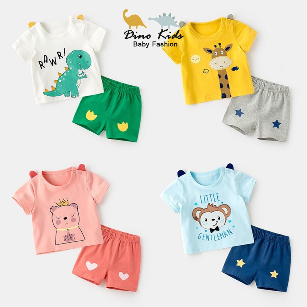 Bộ cộc tay cho bé trai, bộ hè chất cotton quảng châu hình thú dễ thương cho bé trai bé gái