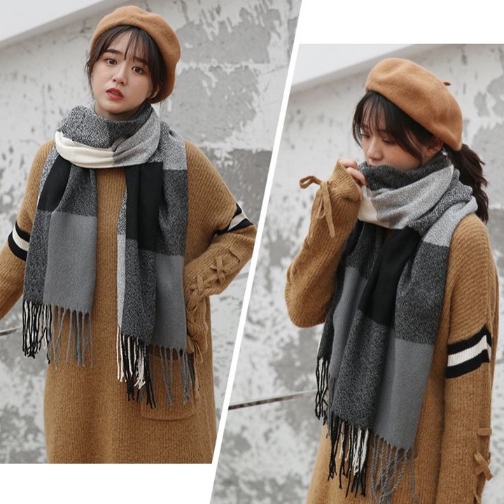 Khăn len mịn quàng cổ kẻ caro phối màu thời trang