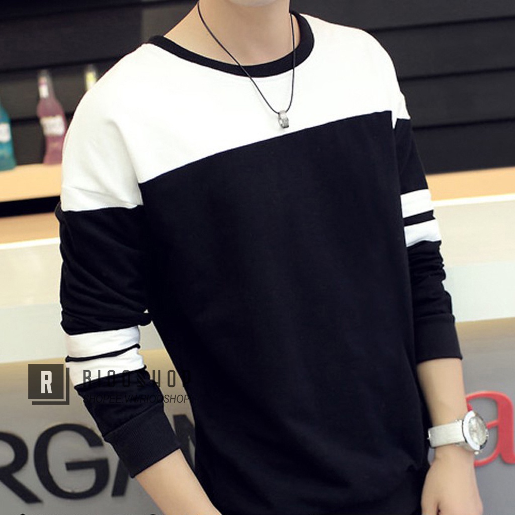 Áo thun nam tay dài hàn quốc hai màu tay phối sọc RKL021- áo phông nam dài tay đẹp Riooshop | BigBuy360 - bigbuy360.vn