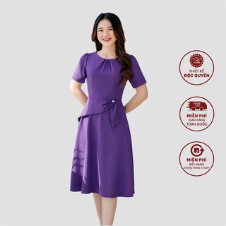 Đầm trung niên dáng xòe thiết kế cổ xếp ly eo đính ngọc - Tím huế - TTV801 TTV Store