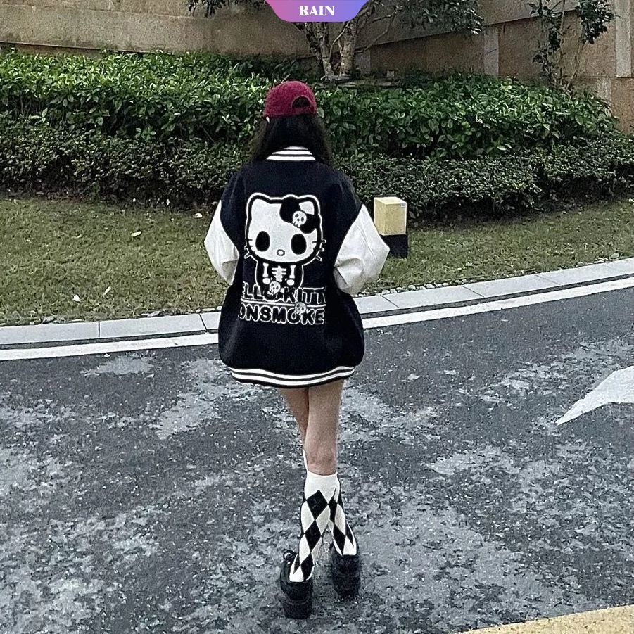 Áo Khoác Bóng Chày Thêu Họa Tiết Hoạt Hình Mèo Hello Kitty Dễ Thương Phong Cách Harajuku Có Khóa Kéo Cho Nữ