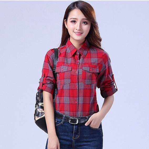 Áo sơ mi SixSisters tay dài họa tiết sọc caro thời trang cho nữ