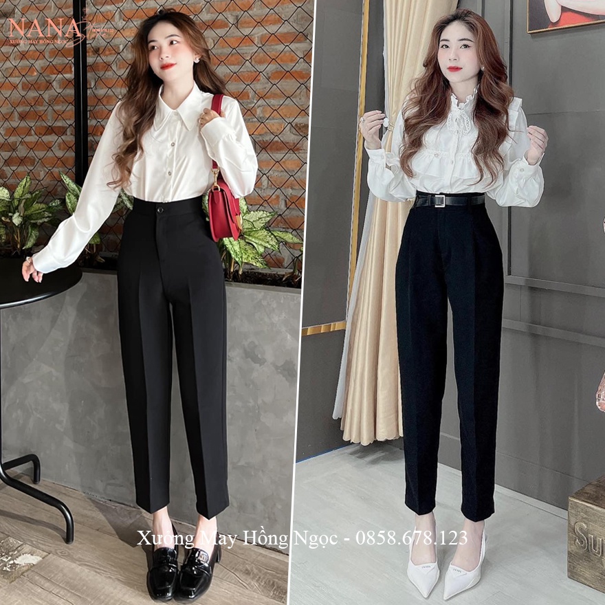 Quần baggy nữ lưng cao đi học làm công sở màu Đen Xanh Than dáng quần tây nữ công sở cạp cao vải tuyết mưa co giãn nhẹ