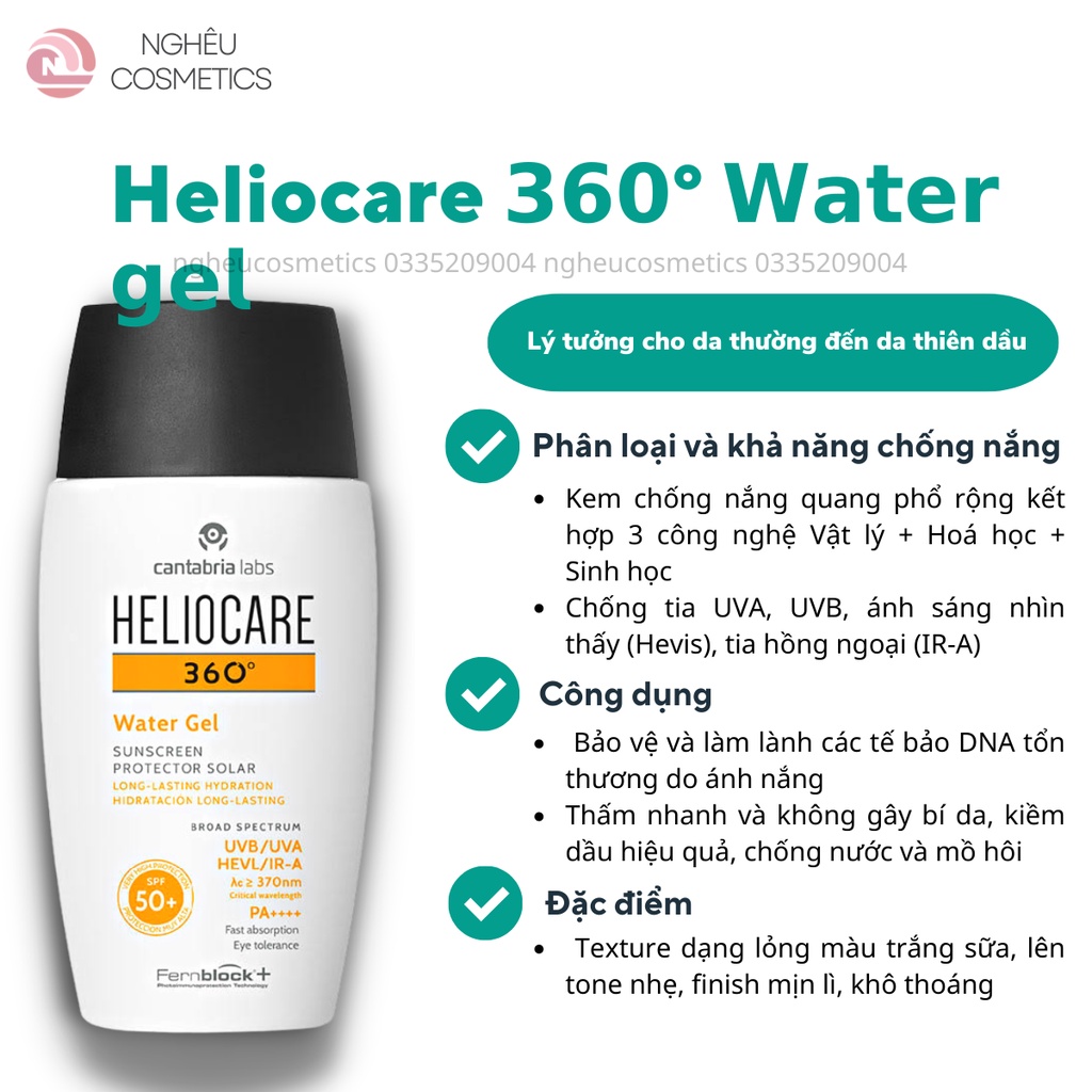 Kem Chống Nắng Heliocare Water Gel, Mineral, Pigment Chống Trôi Mỏng Nhẹ Khô Thoáng Chính Hãng