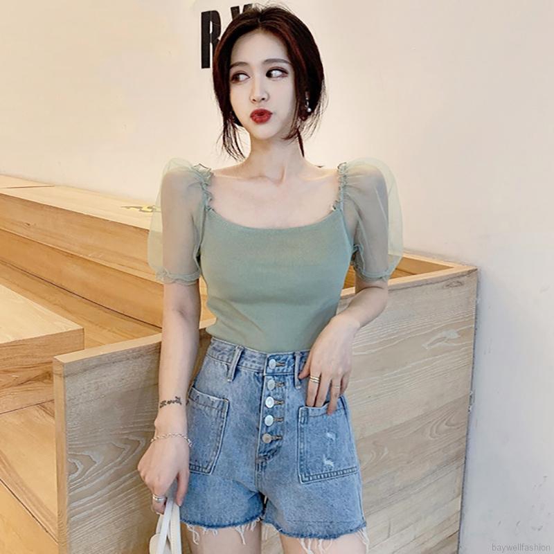 Áo kiểu ngắn dáng ôm phối lưới thời trang dành cho nữ Baywellfashion