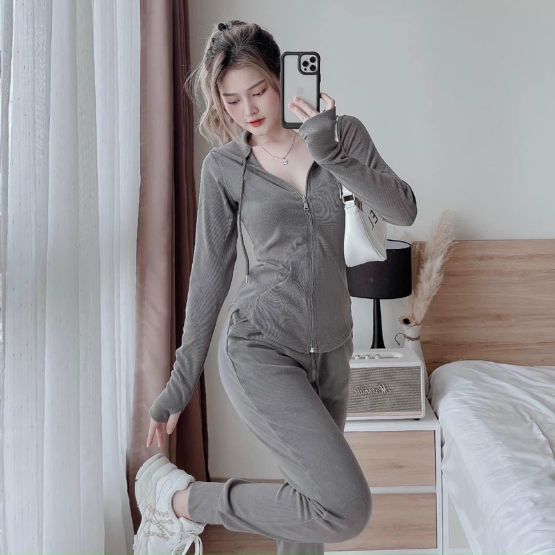 Sét bộ thời trang nữ mặc đi chơi chất thun gân y mẫu khoá kéo tay dài có nón  mix quần dài bo lai chun thêu chữ