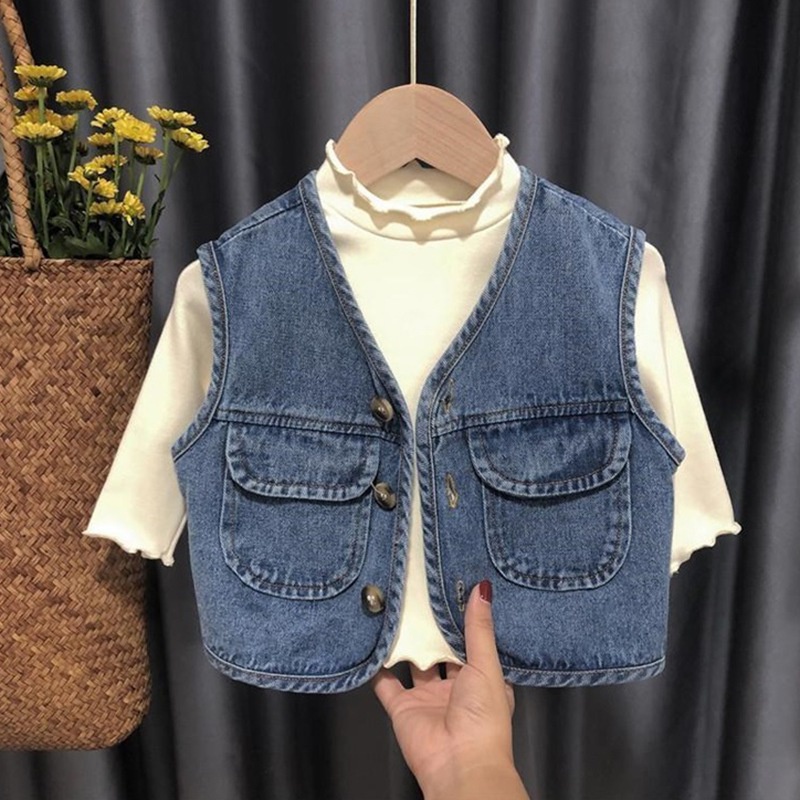 Áo khoác gile denim không tay phong cách Hàn Quốc thời trang cho bé trai và bé gái