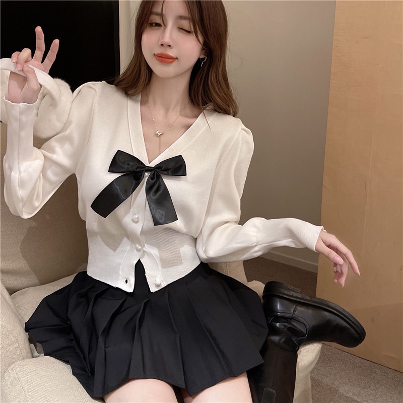 Áo khoác cardigan ZHELIHANGFEI dệt kim tay dài dáng ôm đính nơ xinh xắn thời trang