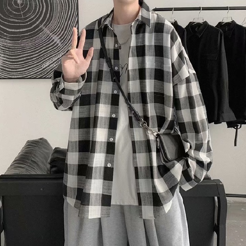 Áo sơ mi tay dài dáng rộng họa tiết sọc caro phong cách Hàn Quốc cho nam size M-3XL
