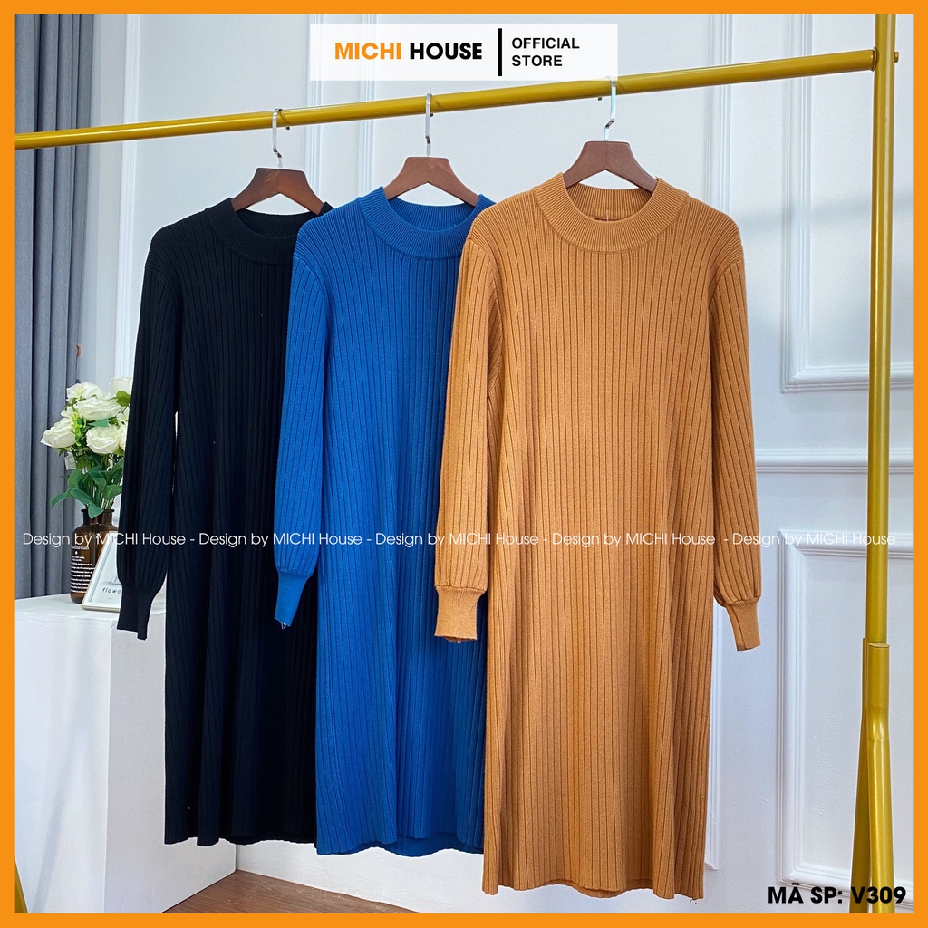 Váy len Cổ lọ Dài tay Chất dày Thu Đông V309 MICHI House Đầm suông len dáng rộng Co dãn tốt Mặc bầu thoải mái